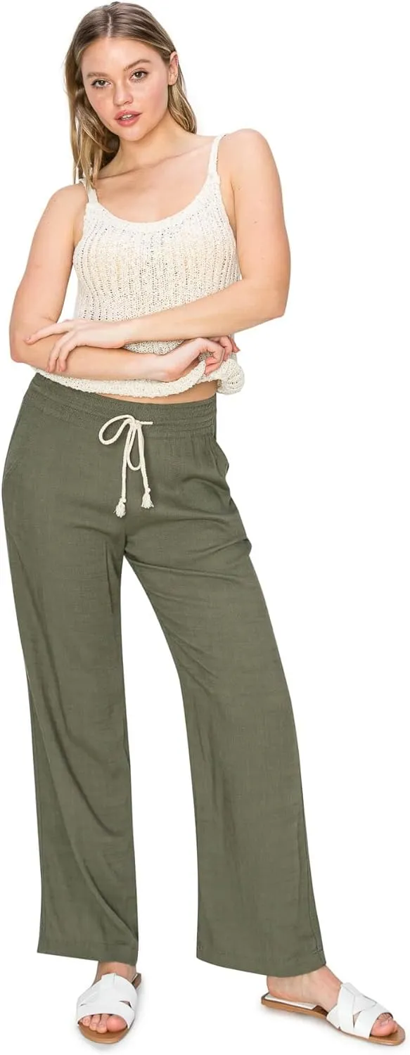 Cali1850 Women's Casual Relaxed Fit 29" Inseam Drawstring High Rise Smocked Linen Pants for Lounge and Beach Wear