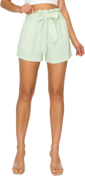 Cali1850 Women's Paperbag Linen Shorts - Oceanside Elastic Waist Self Tie Belt Paper Bag Beach Pants with Pockets