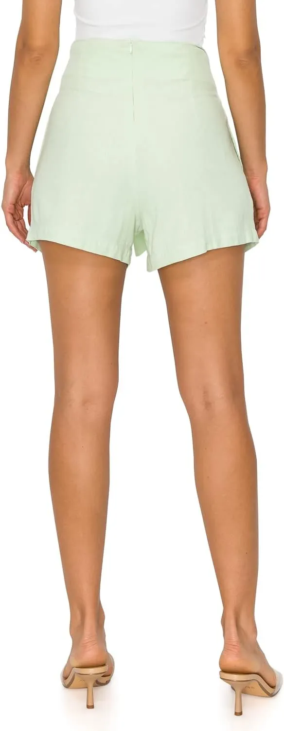 Cali1850 Women's Paperbag Linen Shorts - Oceanside Elastic Waist Self Tie Belt Paper Bag Beach Pants with Pockets
