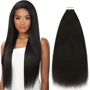 Caliee Yaki Straight Human Hair Tape in Extensions 22inch Real Human Hair Tape in Hair Extensions, Kinky Straight Tape in Extensions Natural Black 1B Tape on Remy Hair Extension 50g