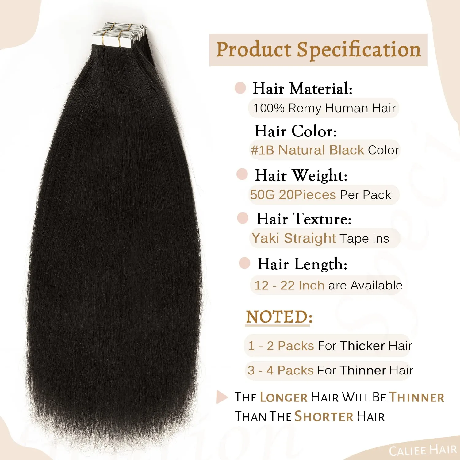 Caliee Yaki Straight Human Hair Tape in Extensions 22inch Real Human Hair Tape in Hair Extensions, Kinky Straight Tape in Extensions Natural Black 1B Tape on Remy Hair Extension 50g