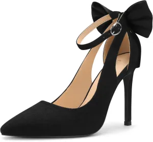 Carcuume Women's High Heels Strappy Pointed Toe Bow Pumps Ankle Strap Stiletto Party Shoes