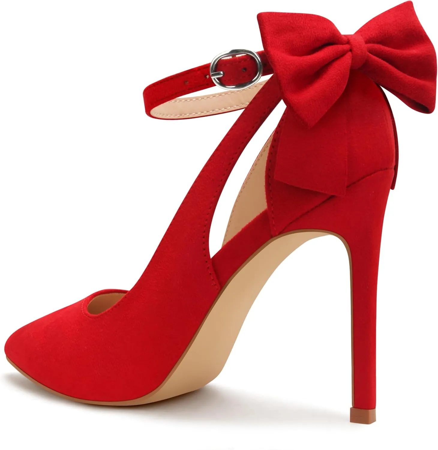 Carcuume Women's High Heels Strappy Pointed Toe Bow Pumps Ankle Strap Stiletto Party Shoes