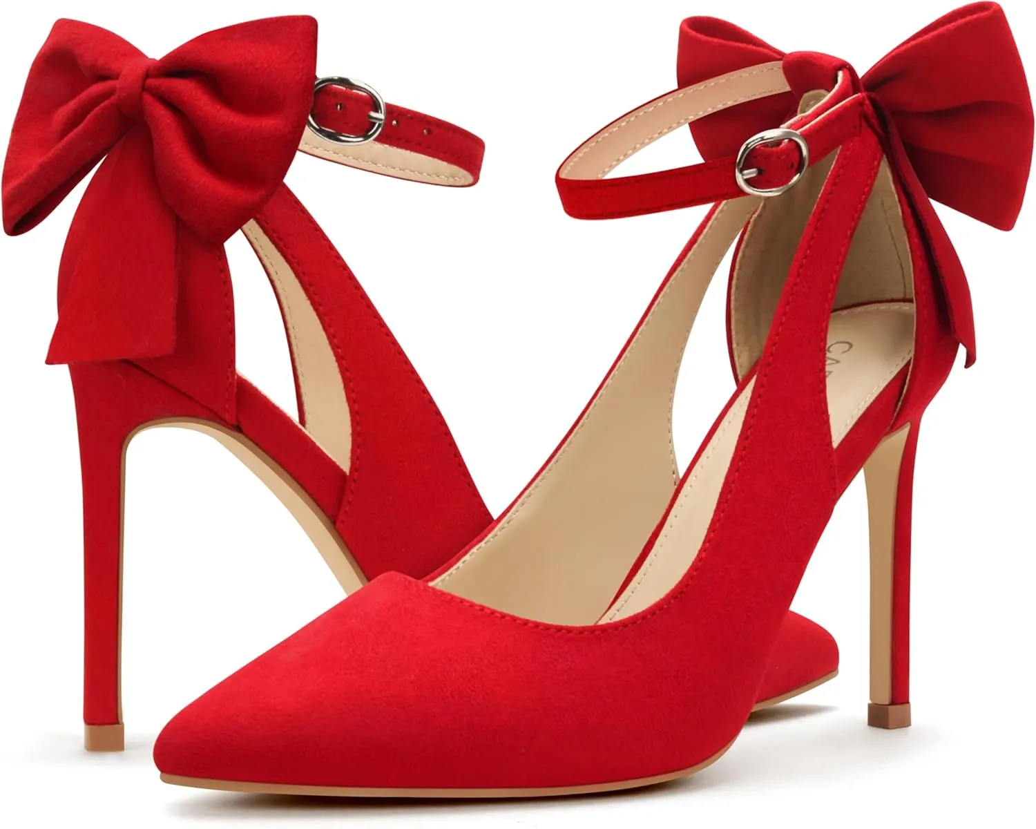 Carcuume Women's High Heels Strappy Pointed Toe Bow Pumps Ankle Strap Stiletto Party Shoes