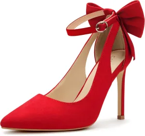 Carcuume Women's High Heels Strappy Pointed Toe Bow Pumps Ankle Strap Stiletto Party Shoes