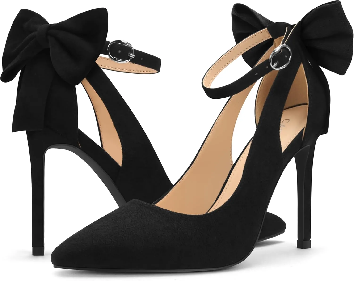 Carcuume Women's High Heels Strappy Pointed Toe Bow Pumps Ankle Strap Stiletto Party Shoes