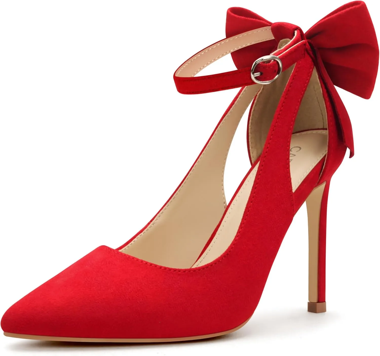 Carcuume Women's High Heels Strappy Pointed Toe Bow Pumps Ankle Strap Stiletto Party Shoes