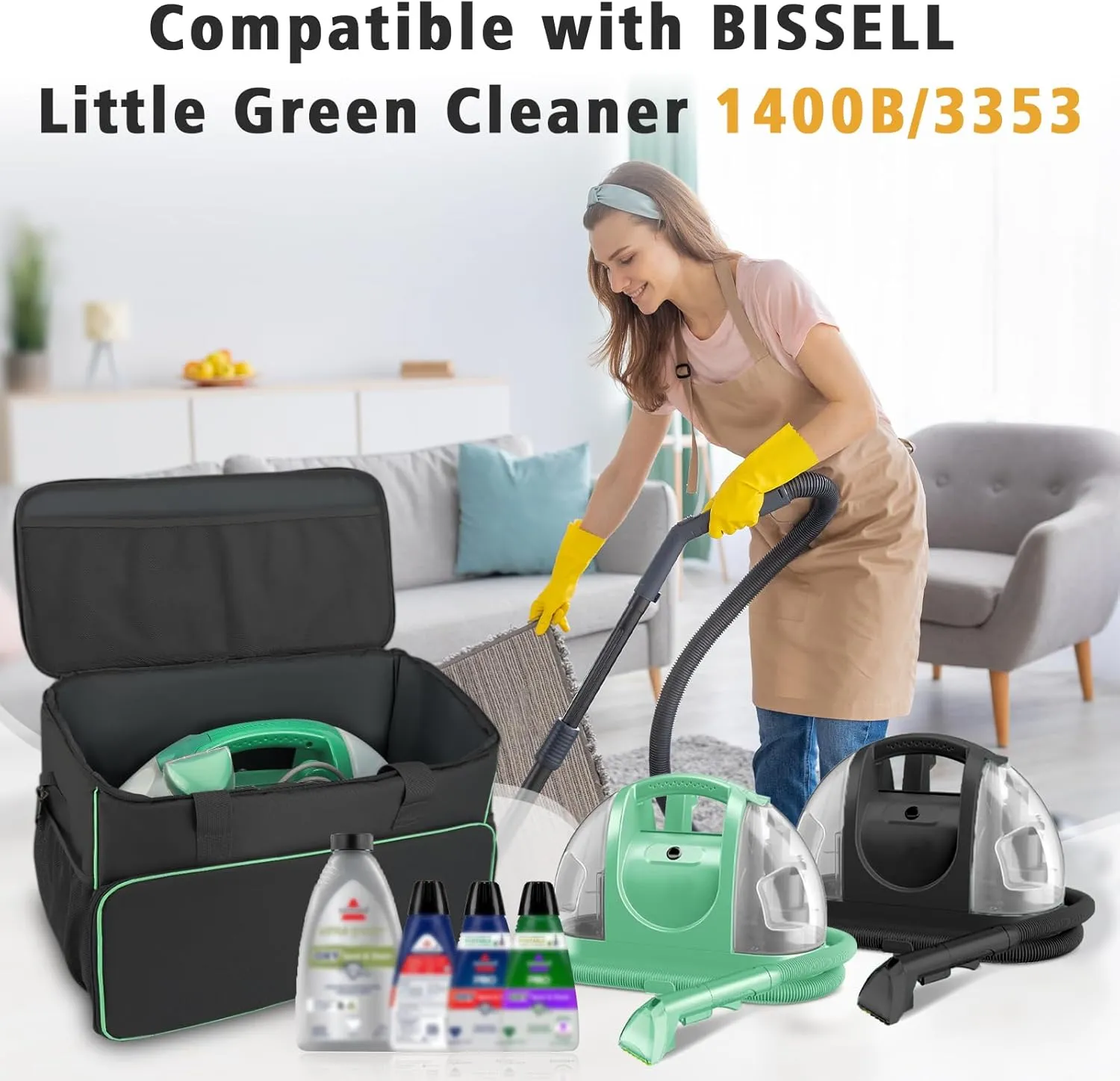 Carry Bag for Bissell Little Green Machine 1400B, Large Storage Bag Carrying Case for Bissell Carpet Cleaner, Car Vacuum Attachments Cleaning Tools Organizer, Cleaner Solution Pocke, Black(Bag Only)