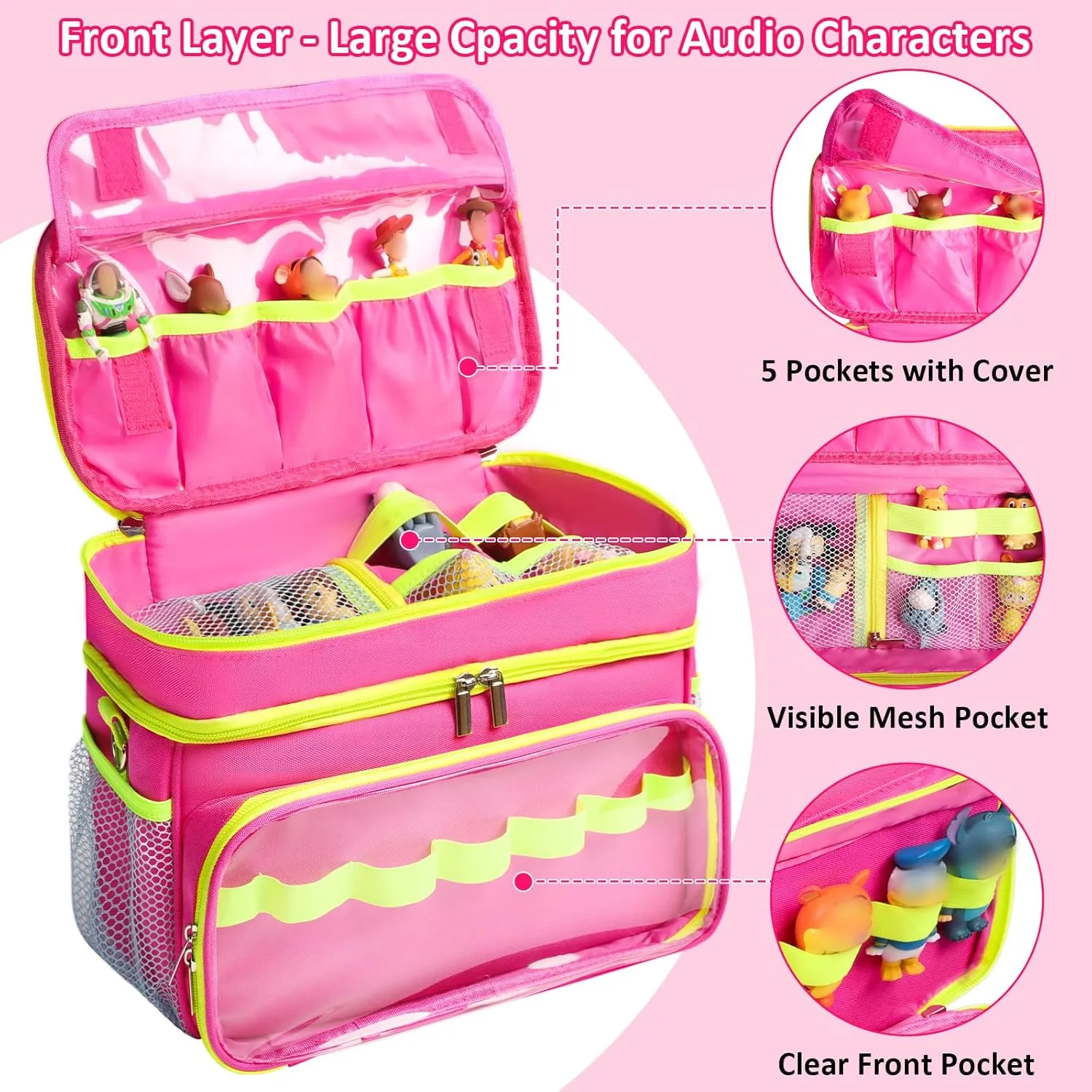 Carrying Case Compatible with Toniebox Starter Set, Double Layer Storage Bag for Tonies Figures Characters, Portable Travel Organizer Case with Shoulder Strap for Tonies Box Headphones (Rose)