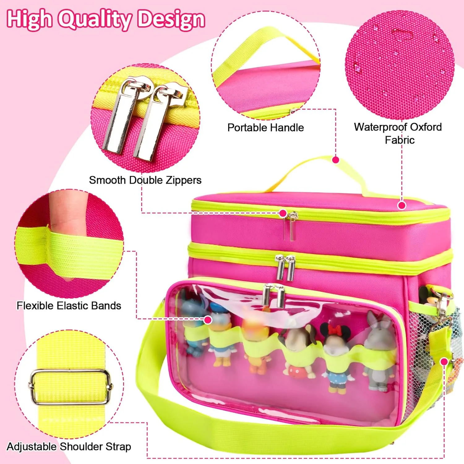 Carrying Case Compatible with Toniebox Starter Set, Double Layer Storage Bag for Tonies Figures Characters, Portable Travel Organizer Case with Shoulder Strap for Tonies Box Headphones (Rose)
