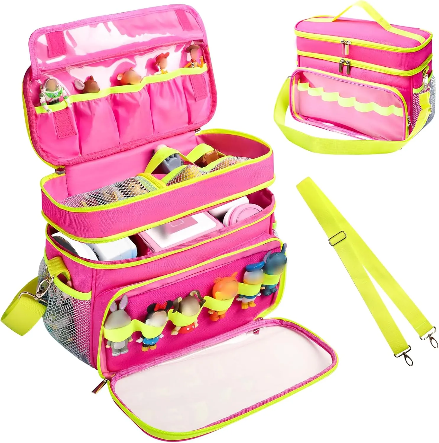 Carrying Case Compatible with Toniebox Starter Set, Double Layer Storage Bag for Tonies Figures Characters, Portable Travel Organizer Case with Shoulder Strap for Tonies Box Headphones (Rose)