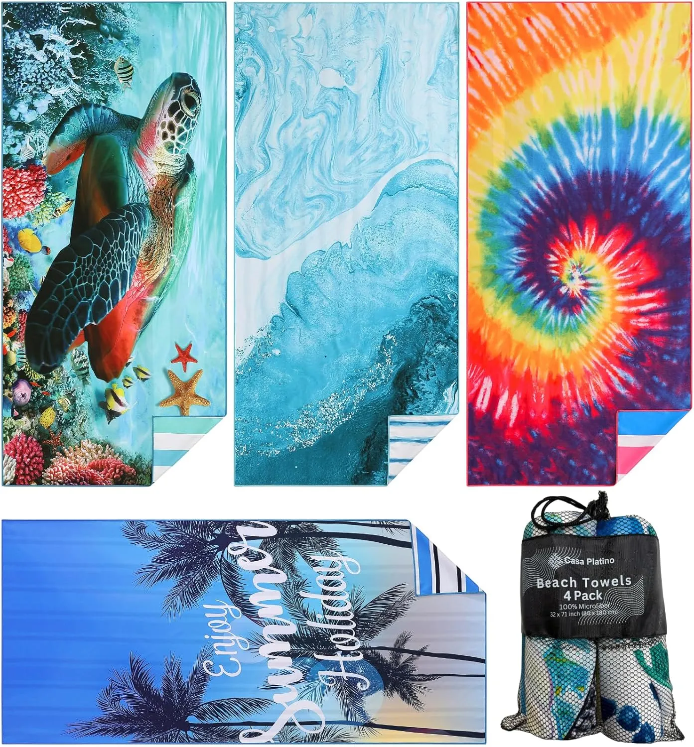Casa Platino Pool Towels 4 Pack – Extra Large 32"x71" Sand Free Beach Towel, Quick Dry, Lightweight for Camping, Travel & Beach Essentials for Women – Nabran