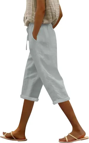Casual Linen Pants for Women Elastic Long Pants Beach Leisure Trousers Casual Summer Cropped Pants Linen Capri Pants