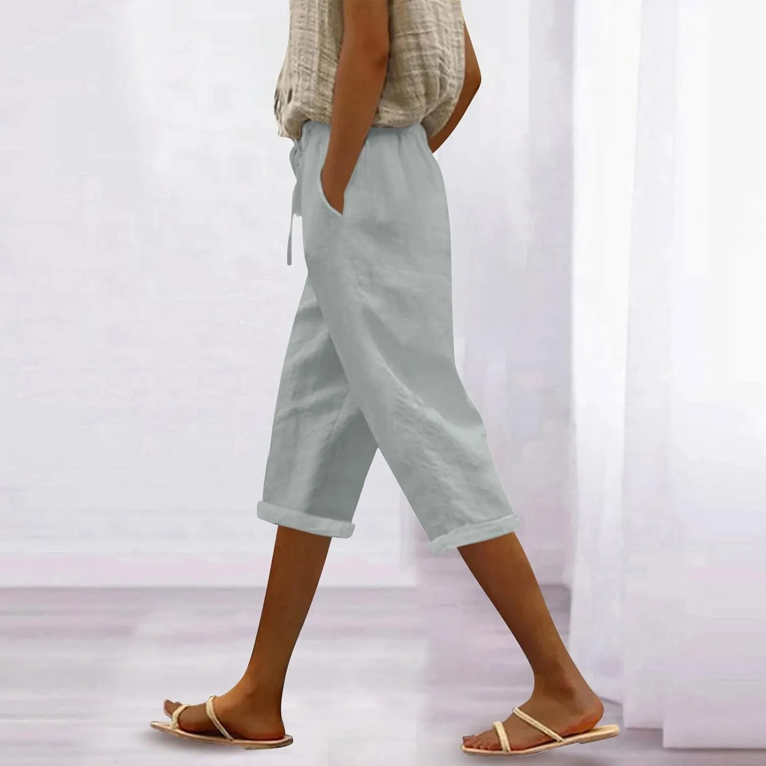 Casual Linen Pants for Women Elastic Long Pants Beach Leisure Trousers Casual Summer Cropped Pants Linen Capri Pants