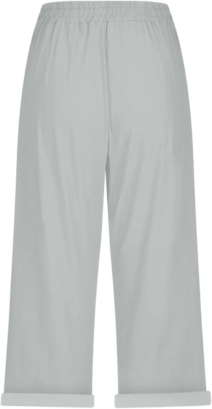 Casual Linen Pants for Women Elastic Long Pants Beach Leisure Trousers Casual Summer Cropped Pants Linen Capri Pants
