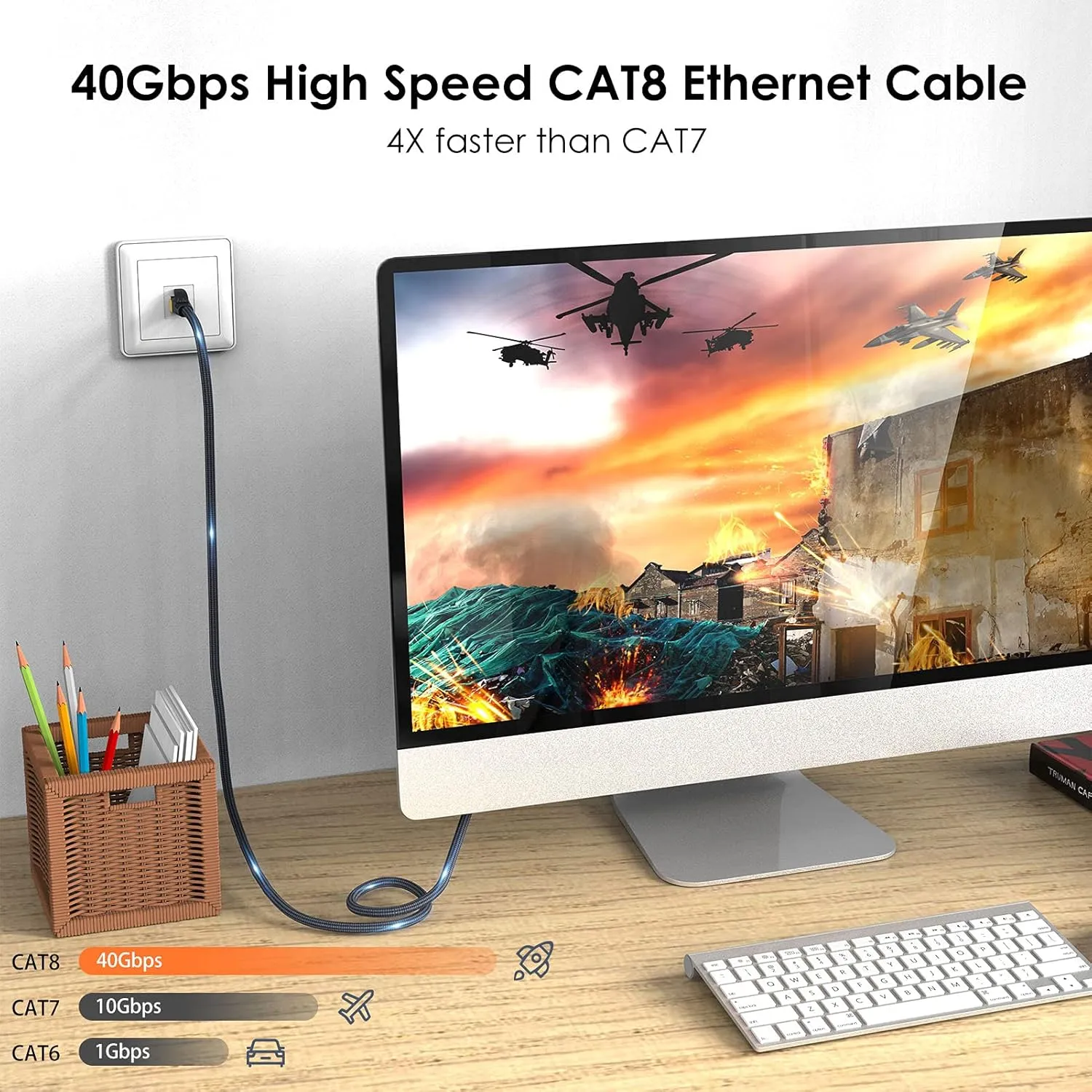 Cat 8 Ethernet Cable 100ft, Outdoor, Indoor Nylon Braided Cat 8 Cable, Heavy Duty 26AWG 40Gbps, 2000MHz, S/FTP Patch Cord for Xbox, POE, PS5, Router