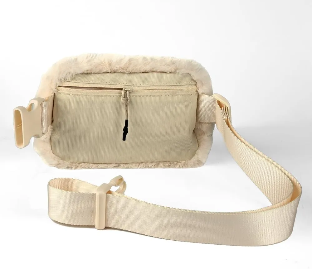 C.C Faux Fur Fanny Pack For Women Unisex - Fuzzy Daily Waist Crossbody Belt bag With Adjustable Strap (Beige)