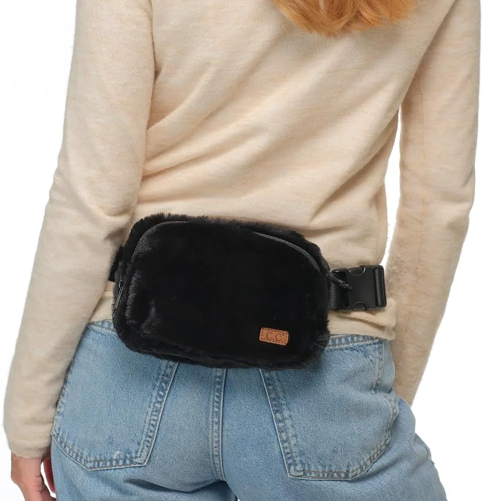 C.C Faux Fur Fanny Pack For Women Unisex - Fuzzy Daily Waist Crossbody Belt bag With Adjustable Strap (Black)