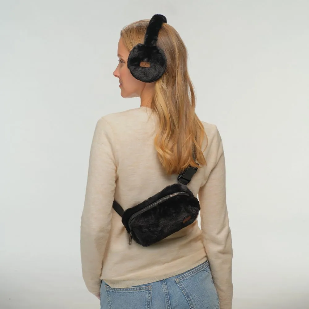 C.C Faux Fur Fanny Pack For Women Unisex - Fuzzy Daily Waist Crossbody Belt bag With Adjustable Strap (Black)
