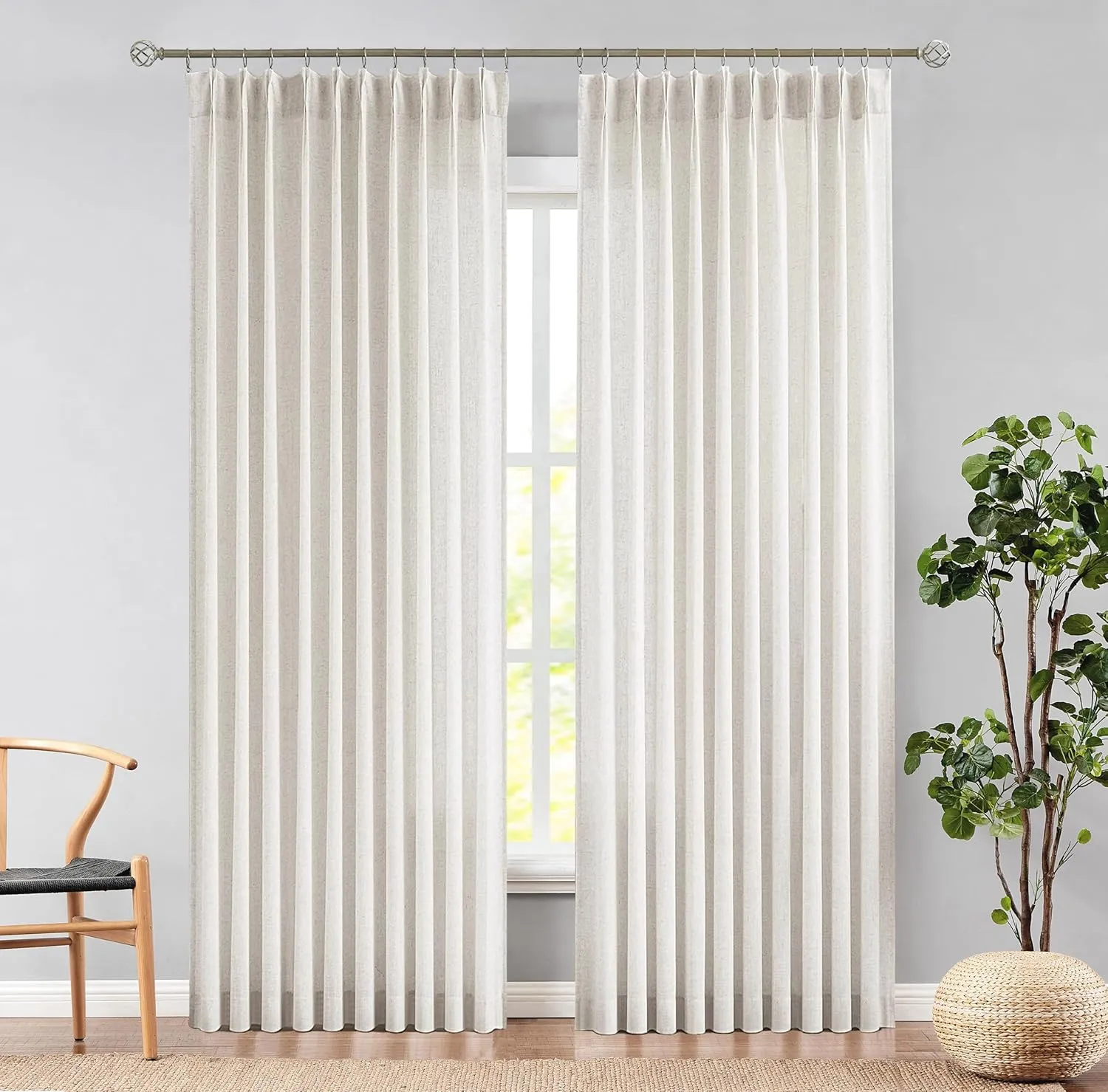 Central Park Pinch Pleat Slub Yarn Sheer Curtains 102 Inch Crude Linen Blend Window Drape with Backtab Farmhouse Rustic Treatment Set for Living Room Bedroom, 60"x102"x2, Linen