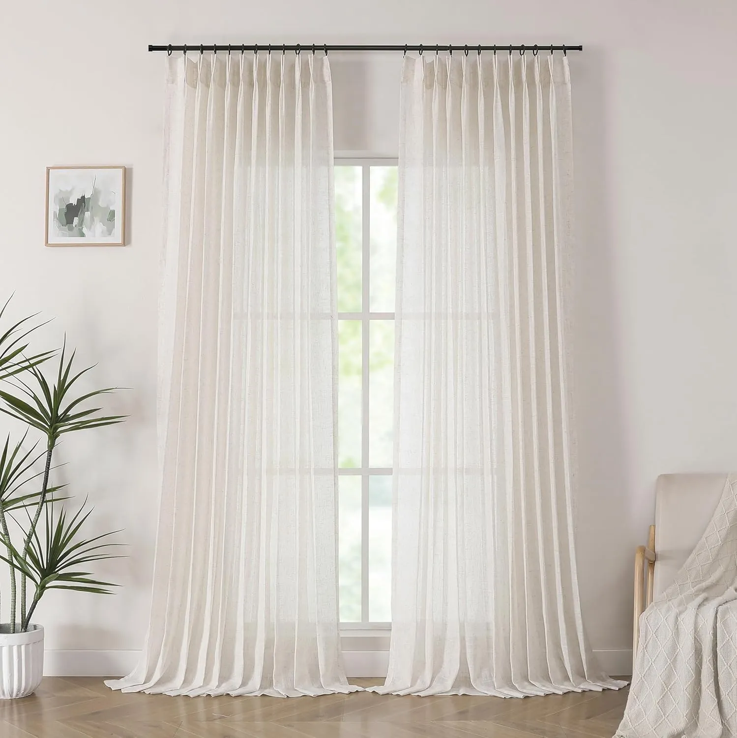 Central Park Pinch Pleat Slub Yarn Sheer Curtains 102 Inch Crude Linen Blend Window Drape with Backtab Farmhouse Rustic Treatment Set for Living Room Bedroom, 60"x102"x2, Linen