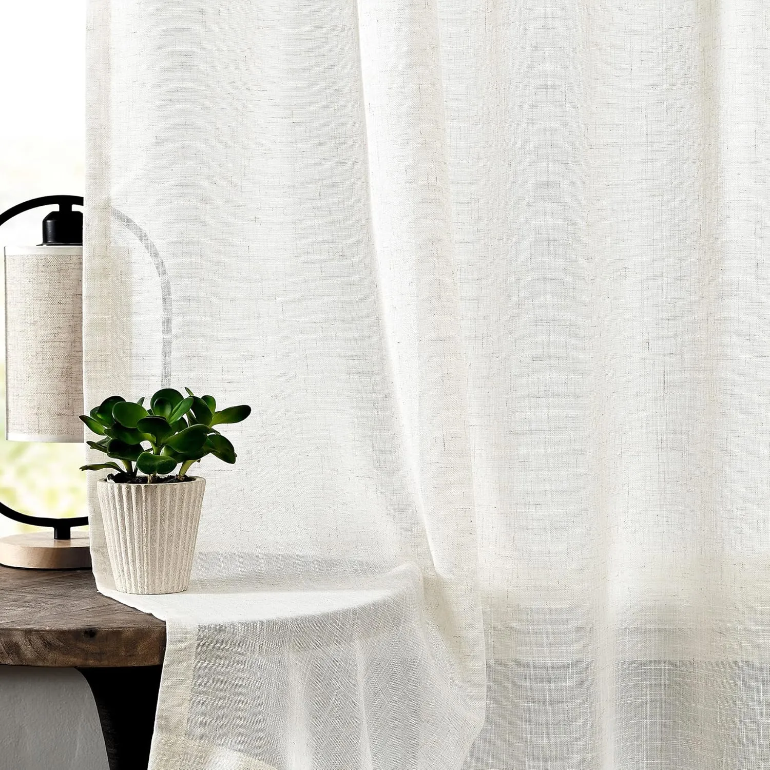Central Park Pinch Pleat Slub Yarn Sheer Curtains 108 Inches Extra Long Crude Linen Blend Window Drape with Backtab Farmhouse Rustic Treatment Set for Living Room Bedroom, 60"x108"x2, Natural