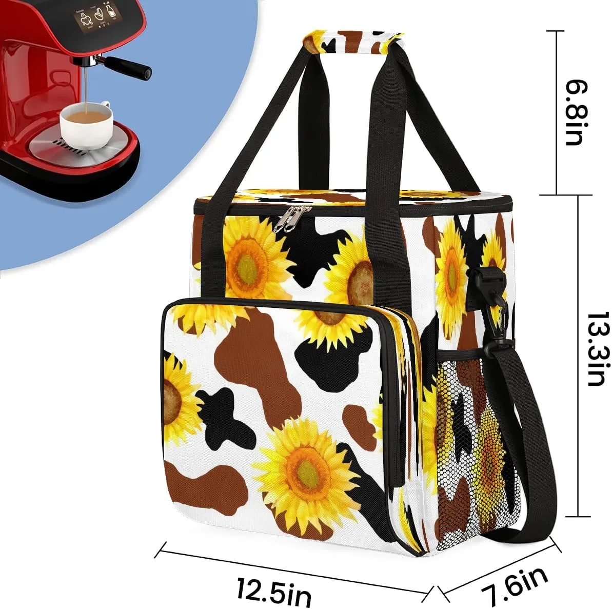 cfpolar Cow Print Sunflower Coffee Maker Storage Bag, Travel Coffee Maker Carrying Storage Tote Bag Compatible with K-Mini or K-Mini Plus, Dustproof Tote Bag with Shoulder Strap for Women Men
