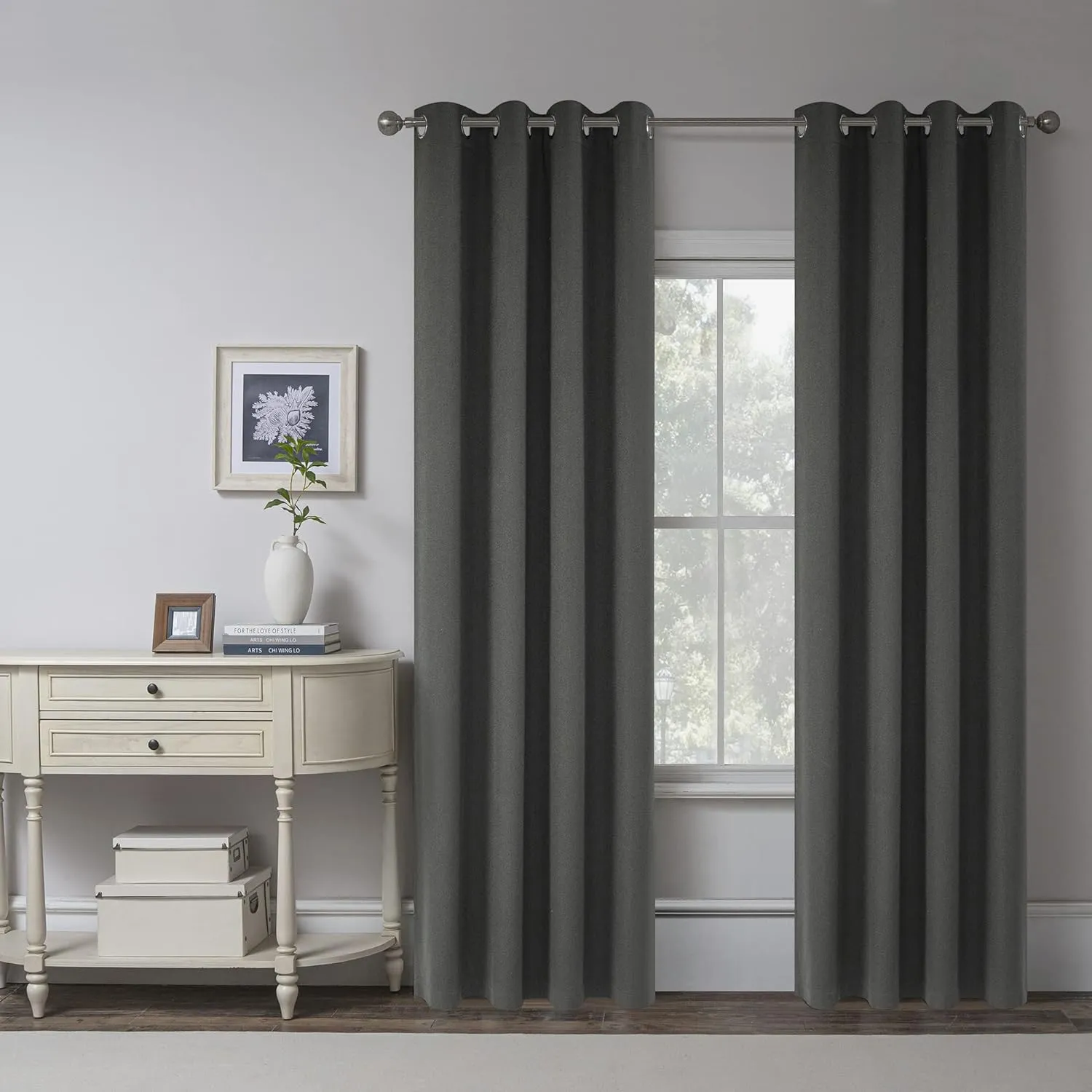 Charcoal /Dark Gray Linen 100% Blackout Curtains 84 inch length 2 panels for Bedroom - Burlap Textured Vintage Energy Saving Thermal Insulated Window Curtain Drapes for Living Room ,W 52 x L 84 Inch