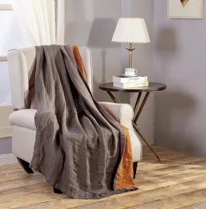 Chezmoi Collection Brussels Belgian Flax Linen Throw Blanket, 50" x 70" - Pre-Washed Super Soft Lightweight Breathable Summer Blanket Gray/Orange Color for Living Room Couch & Bed
