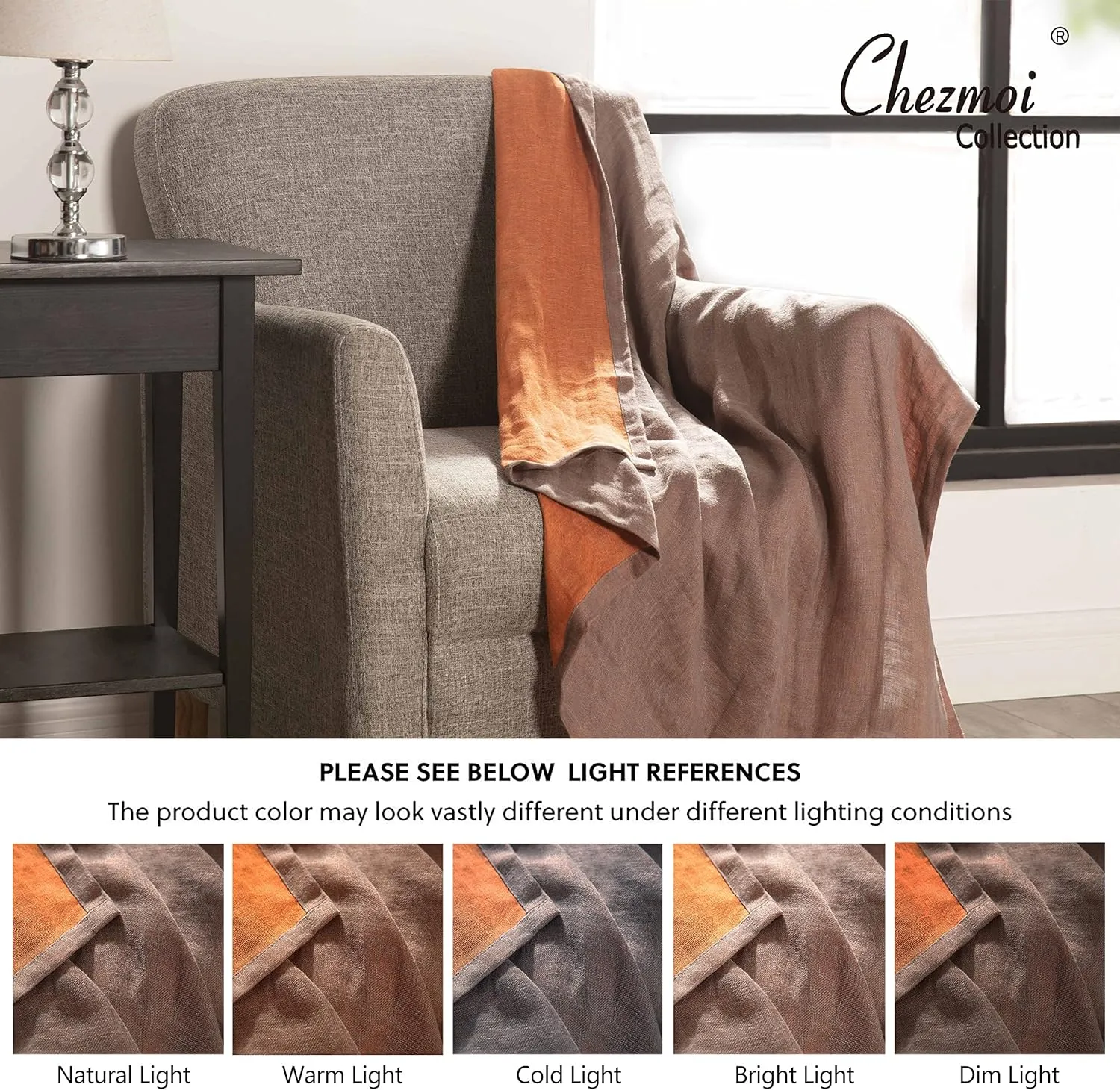 Chezmoi Collection Brussels Belgian Flax Linen Throw Blanket, 50" x 70" - Pre-Washed Super Soft Lightweight Breathable Summer Blanket Gray/Orange Color for Living Room Couch & Bed