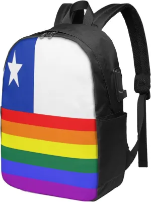 Chile Chilean LGBT Pride Gay Rainbow Trans Flag Laptop Backpacks Travel Backpack Casual Business Daypack Sport Rucksack Computer Bag Fits up to 17 Inch Notebook with USB Port