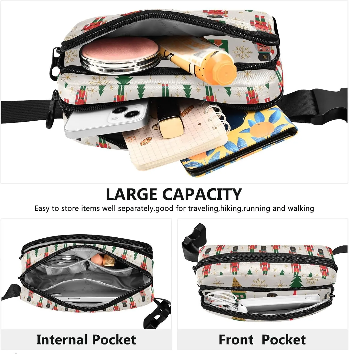 Christmas Nutcracker Tree Fanny Pack Crossbody Bags for Women Men Winter Snowflake House Belt Bag Waterproof Fashion Waist Packs Unisex with Adjustable Strap for Running Workout Travel Hiking