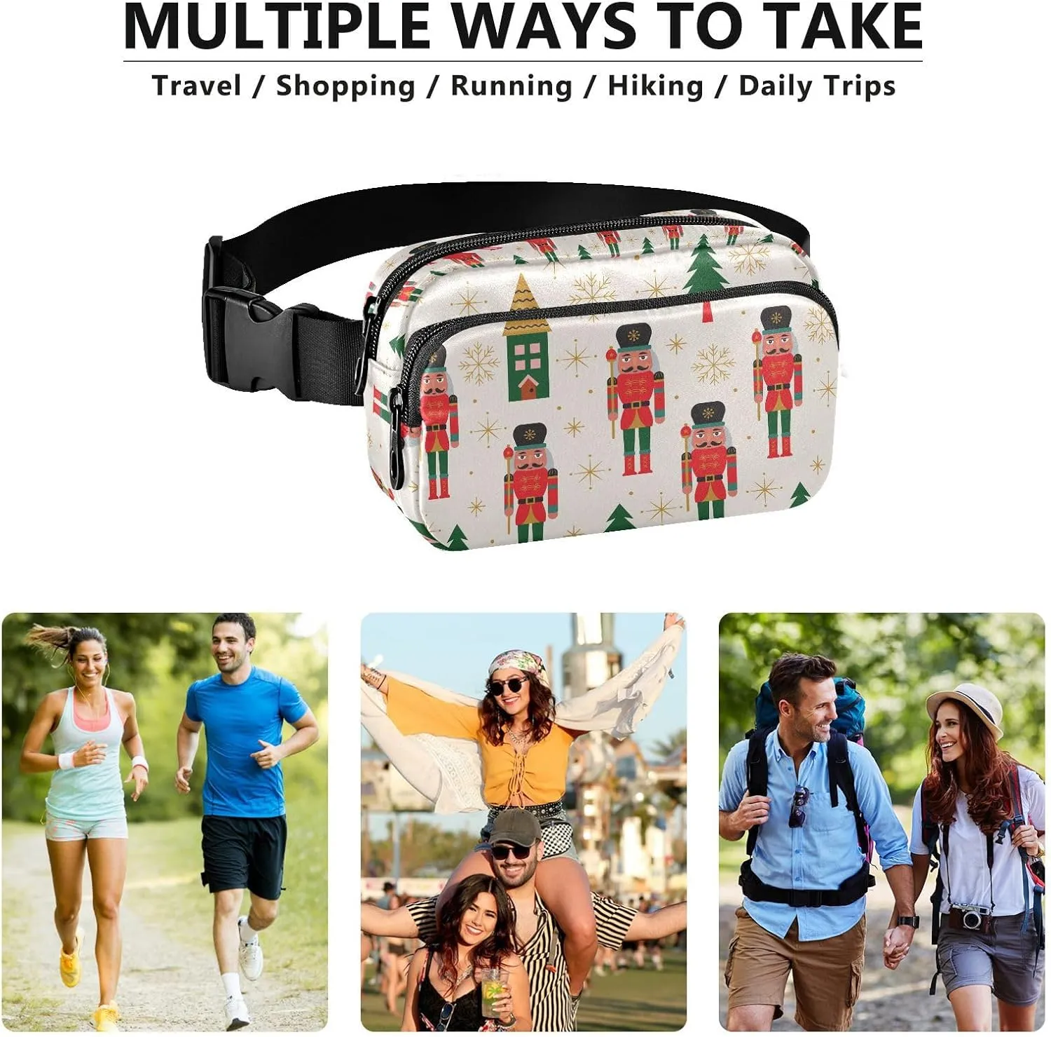 Christmas Nutcracker Tree Fanny Pack Crossbody Bags for Women Men Winter Snowflake House Belt Bag Waterproof Fashion Waist Packs Unisex with Adjustable Strap for Running Workout Travel Hiking