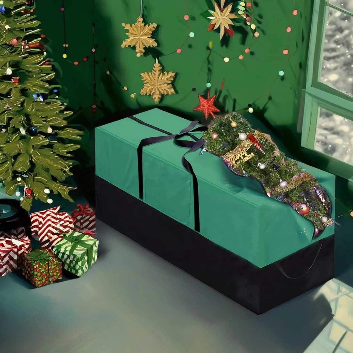 Christmas Tree Storage Bag - Fits Up 8 Ft Tall Artificial Trees - Heavy Duty Holiday Storage Box with Durable Reinforced Handles & Zipper & Transparent Pocket - 600D Oxford Container, Green