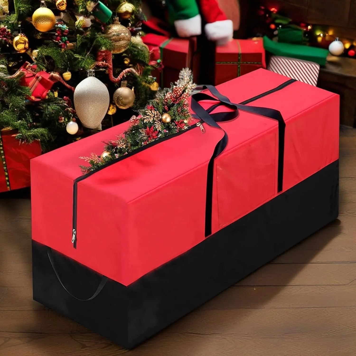 Christmas Tree Storage Bag, Fits Up 8 Ft Tall Artificial Trees-Heavy Duty Holiday Storage Box with Durable Reinforced Handles & Zipper & Transparent Pocket- 600D Oxford Tree Storage Container, Red