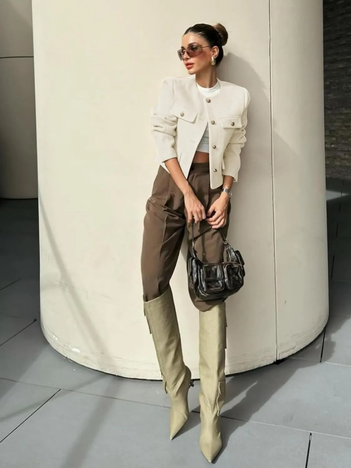 Cicy Bell Womens Cropped Tweed Blazer Jackets Collarless Button Down Business Casual Outfits with Pockets