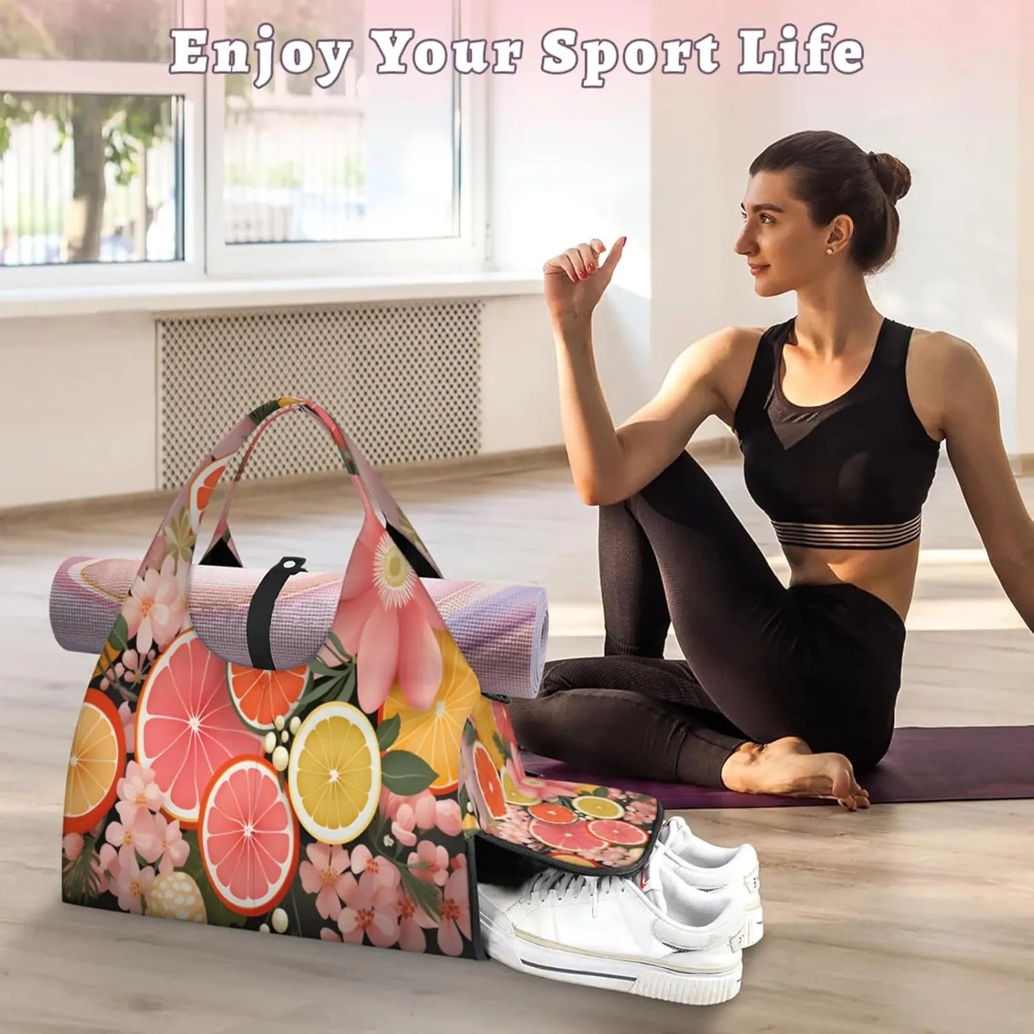 Citrus Slice Garden Waterproof Gym Bag for Men Women, Sports Duffel Bag with Shoe Compartment Yoga Mat Holder, Portable Large Travel Bag for Fitness, Camping, Weekend Trips
