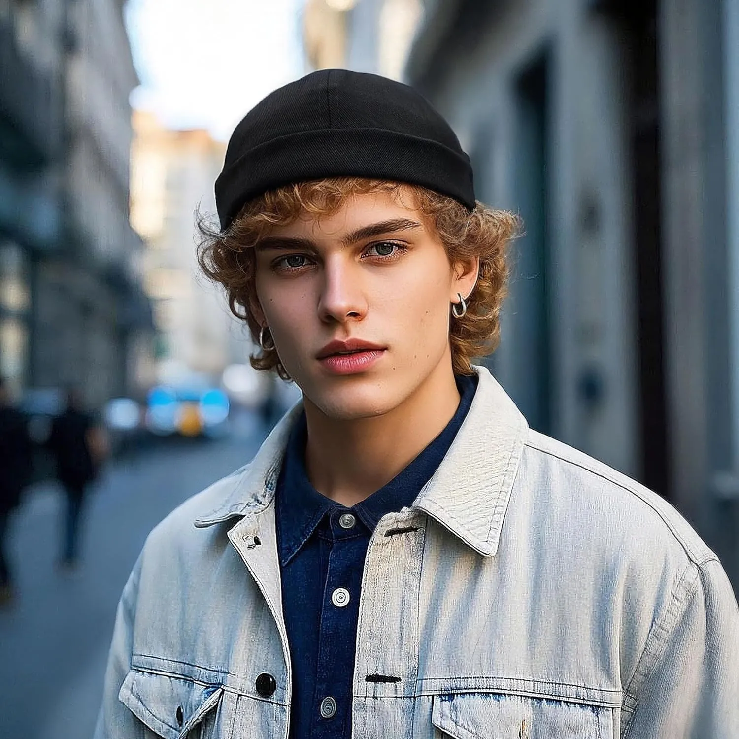 CLAPE Mens Denim Brimless Skullcap Sailor Cap Rolled Cuff Retro Beanie Hat Work Beanie Harbour Hat