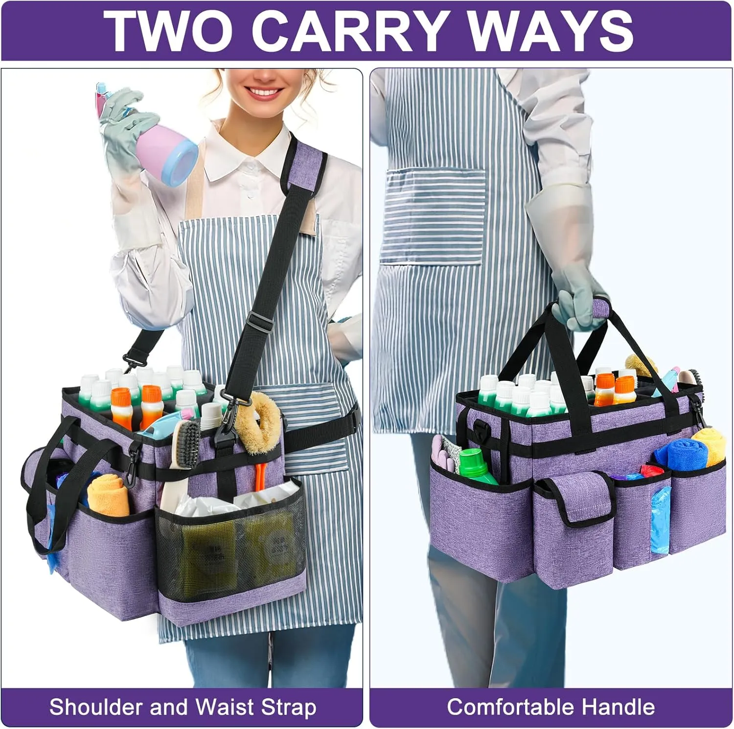 Cleaning Caddy Bag,Large Cleaning Supplies Organizer with Handle for Housekeepers,Purple