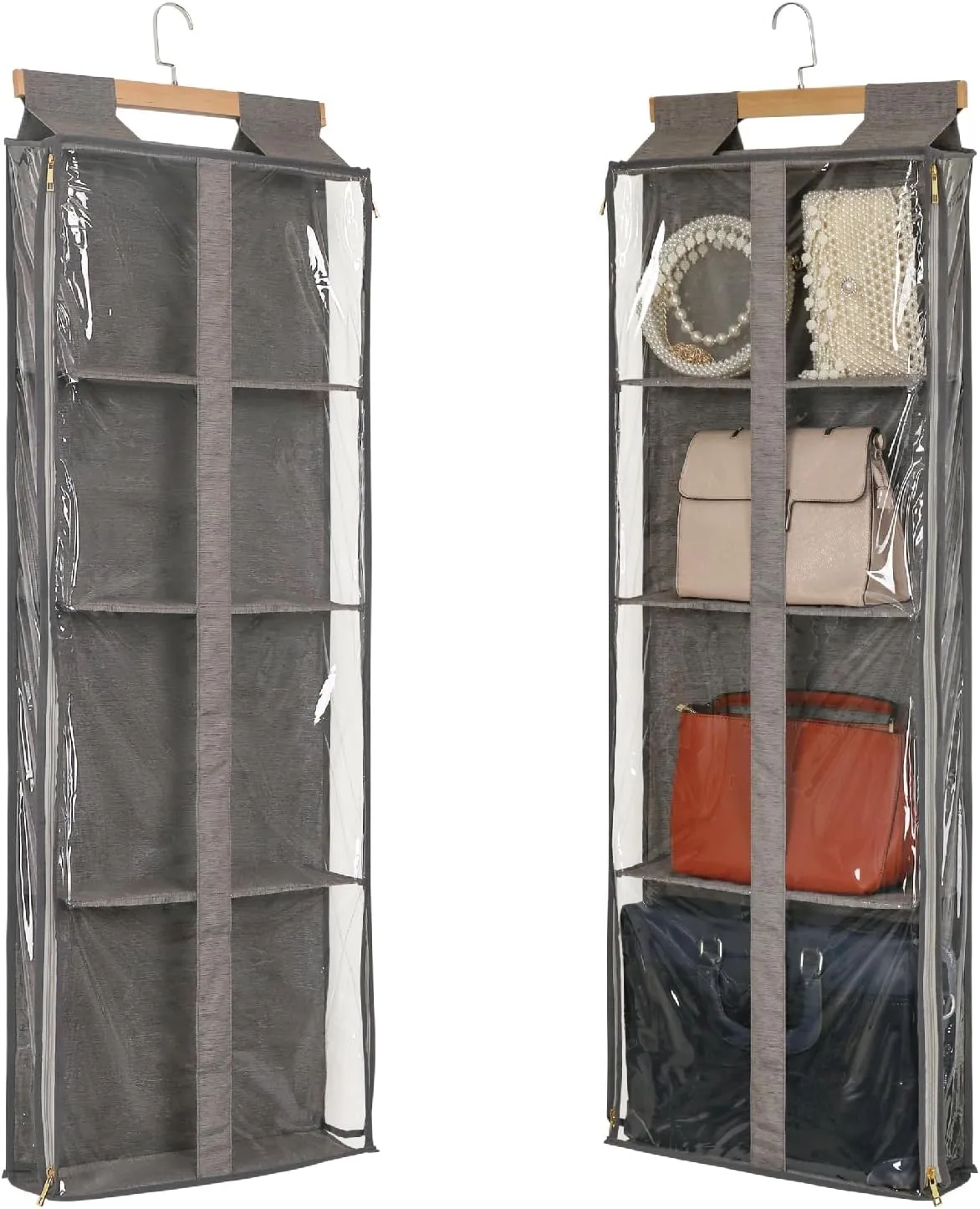 Clear Hanging Handbag Storage Organizer with Zippers, Door Purse Organizer Space Saving 4 Pockets for Closet Bedroom Living Room (Brown)