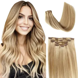 Clip in Hair Extensions, Human Hair 18 Inch Golden Blonde to Medium Blonde Clip in Human Hair Extensions Clip ins Silky Straight 70g 5pcs