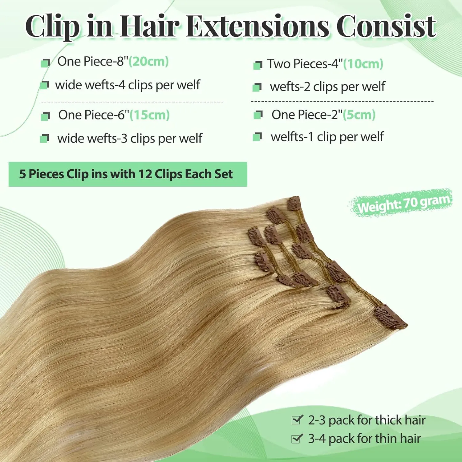 Clip in Hair Extensions, Human Hair 18 Inch Golden Blonde to Medium Blonde Clip in Human Hair Extensions Clip ins Silky Straight 70g 5pcs