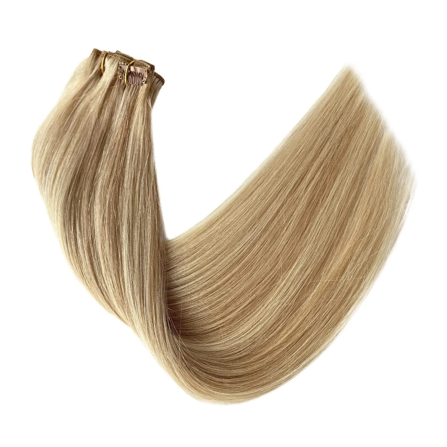 Clip in Hair Extensions, Human Hair 18 Inch Golden Blonde to Medium Blonde Clip in Human Hair Extensions Clip ins Silky Straight 70g 5pcs