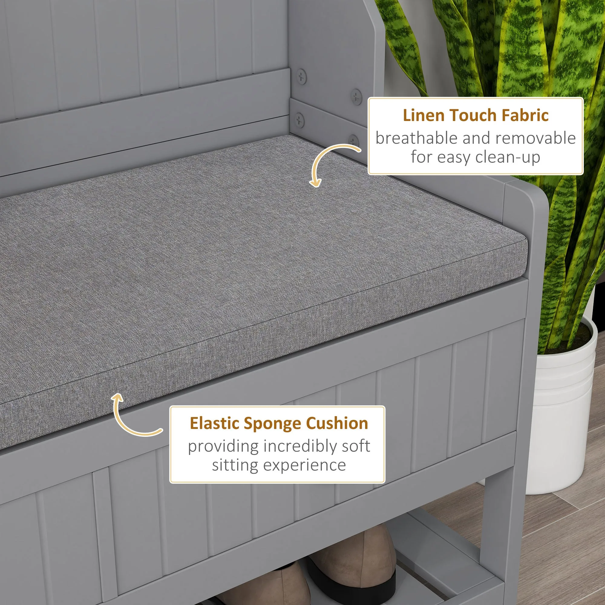 Clothing Storage, Coat Stand, Shoe Storage Bench Organizer with Coat Hanger, Drawers Padded Seat Cushion Grey