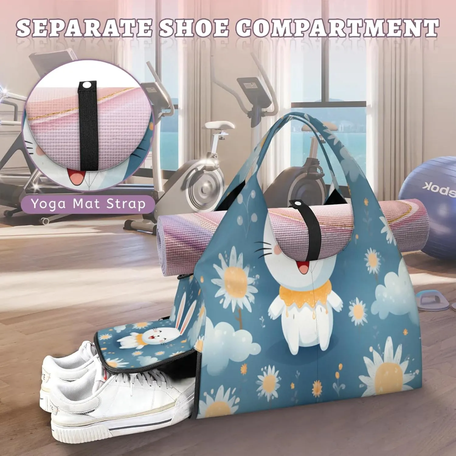 Cloudy Bunny Bliss Waterproof Gym Bag for Men Women, Sports Duffel Bag with Shoe Compartment Yoga Mat Holder, Portable Large Travel Bag for Fitness, Camping, Weekend Trips