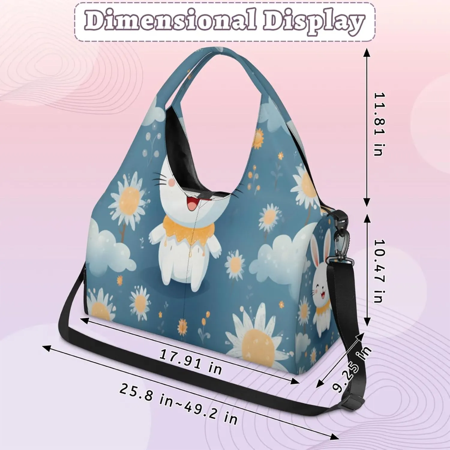 Cloudy Bunny Bliss Waterproof Gym Bag for Men Women, Sports Duffel Bag with Shoe Compartment Yoga Mat Holder, Portable Large Travel Bag for Fitness, Camping, Weekend Trips