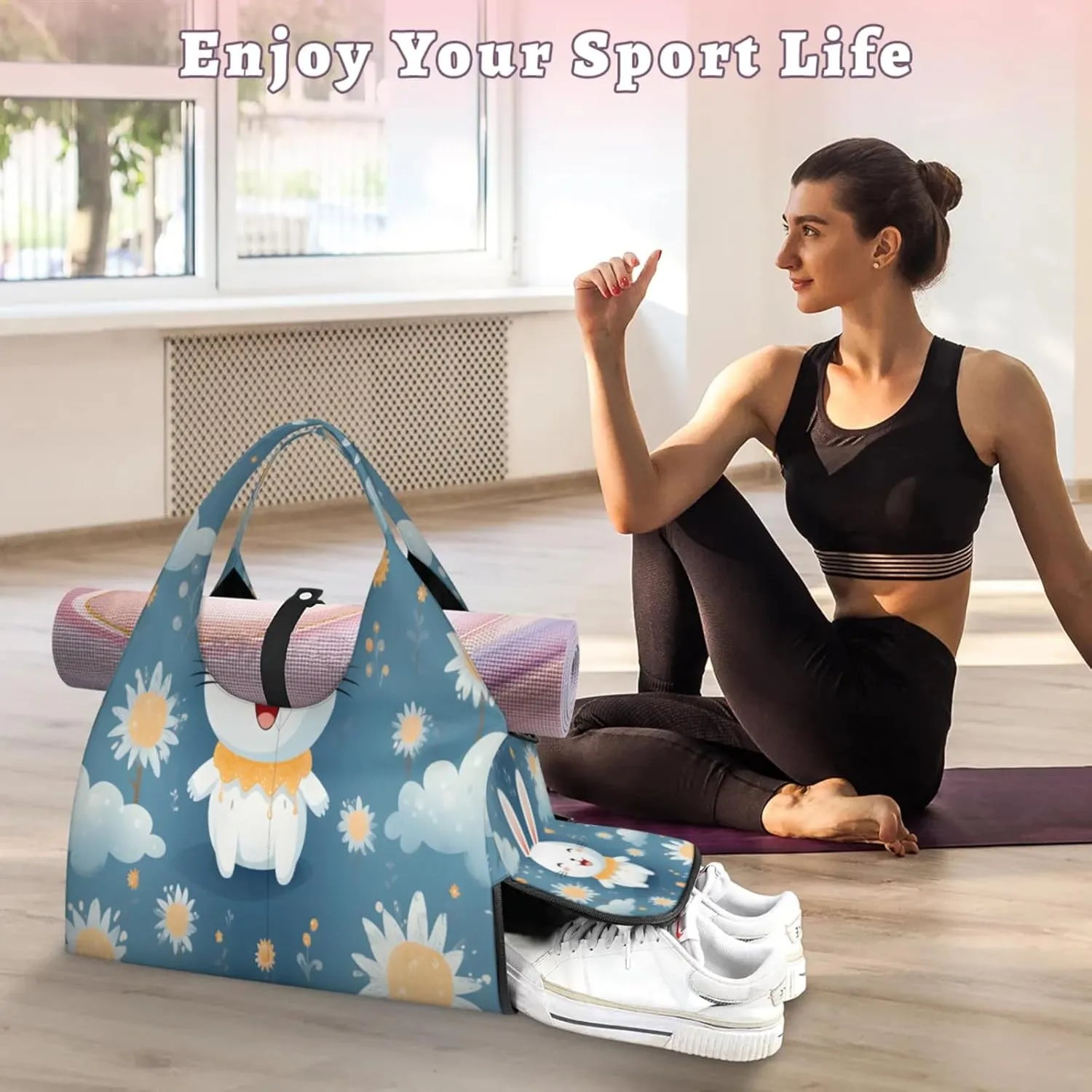 Cloudy Bunny Bliss Waterproof Gym Bag for Men Women, Sports Duffel Bag with Shoe Compartment Yoga Mat Holder, Portable Large Travel Bag for Fitness, Camping, Weekend Trips
