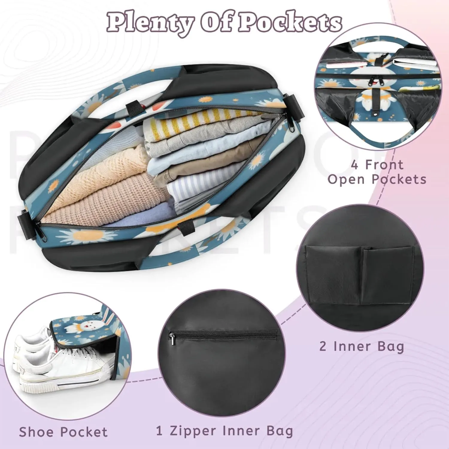 Cloudy Bunny Bliss Waterproof Gym Bag for Men Women, Sports Duffel Bag with Shoe Compartment Yoga Mat Holder, Portable Large Travel Bag for Fitness, Camping, Weekend Trips