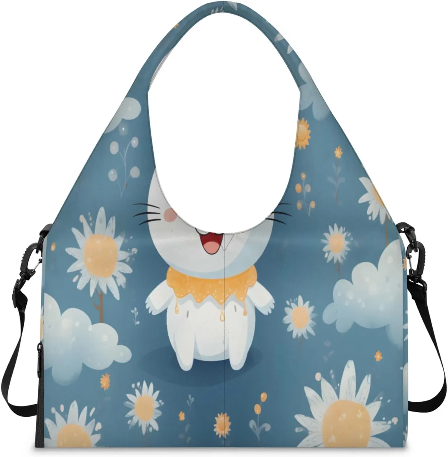 Cloudy Bunny Bliss Waterproof Gym Bag for Men Women, Sports Duffel Bag with Shoe Compartment Yoga Mat Holder, Portable Large Travel Bag for Fitness, Camping, Weekend Trips