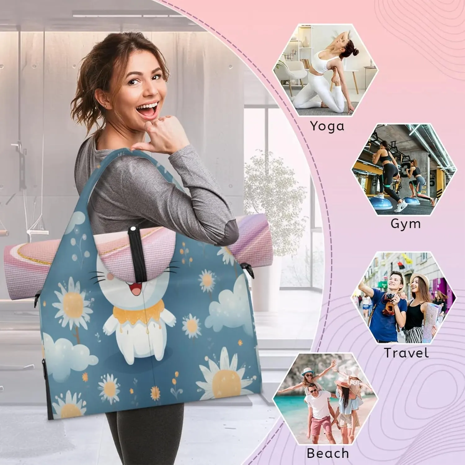 Cloudy Bunny Bliss Waterproof Gym Bag for Men Women, Sports Duffel Bag with Shoe Compartment Yoga Mat Holder, Portable Large Travel Bag for Fitness, Camping, Weekend Trips